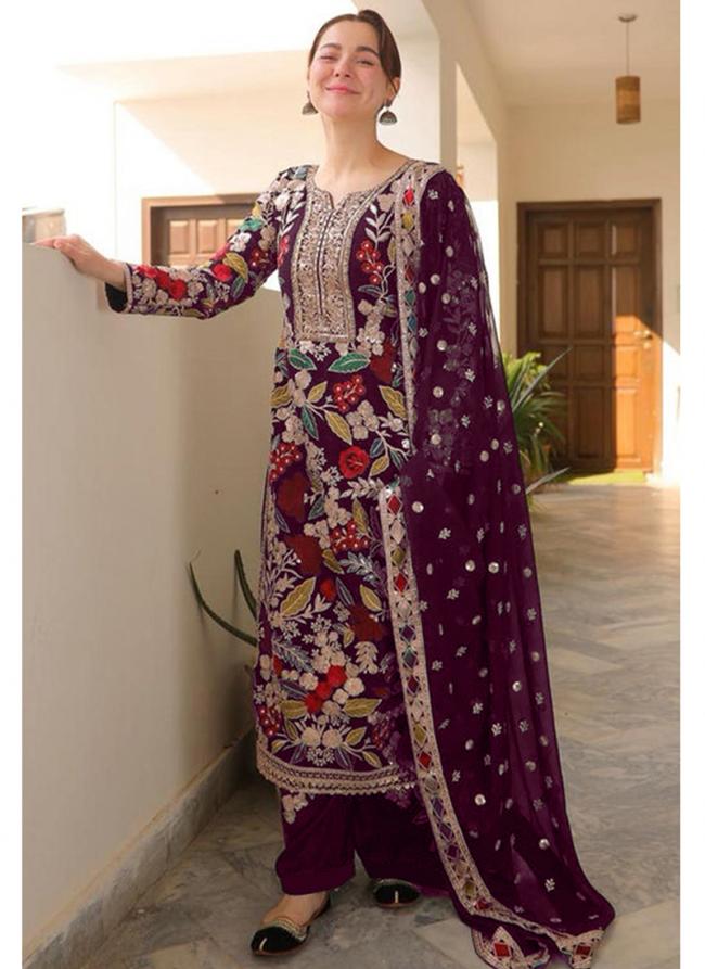 Faux Georgette Wine Party Wear Embroidery Work Pakistani Suit